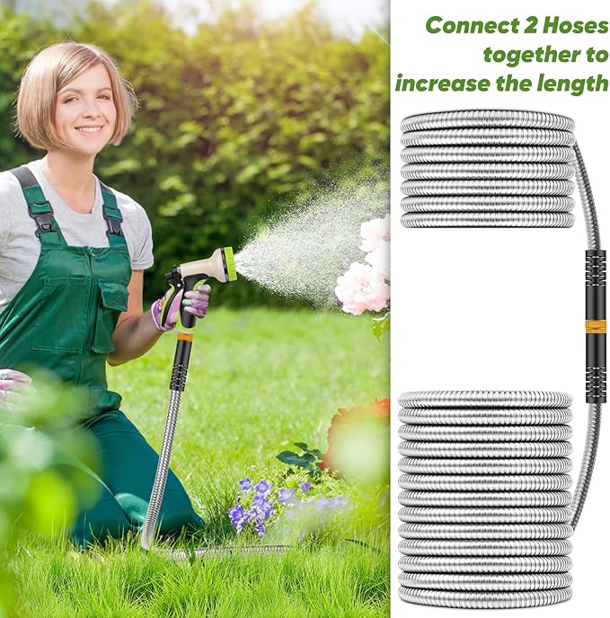 Unywarse Garden Hose 100ft, Stainless Steel Heavy Duty Water Hose with 10 Function Nozzle Flexible, Lightweight, No-Kink, Pet Proof, Puncture Proof Metal Hose for Yard, Outdoor