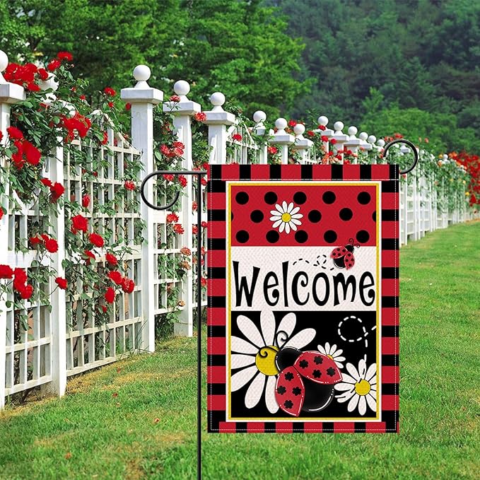 Artofy Welcome Spring Summer Ladybug Daisy Flower Small Decorative Garden Flag, Red Black Polka Dots Yard Lawn Outside Decor, Seasonal Burlap Outdoor Home Decoration Double Sided 12 x 18