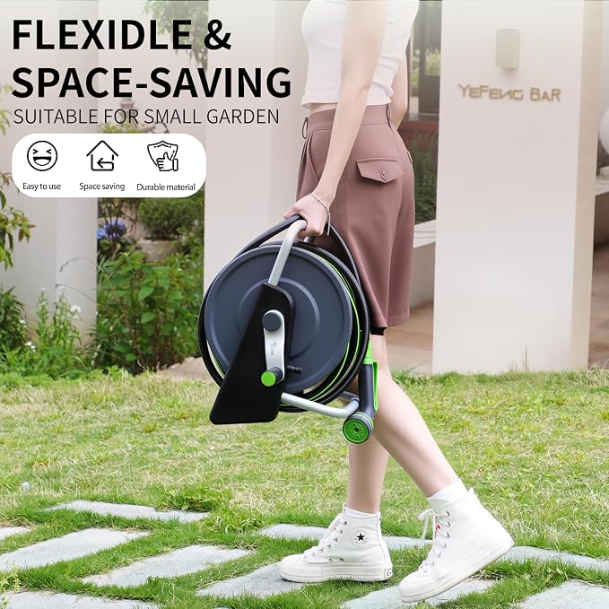 Garden Hose Reel Cart,Hose Holder Up to 50-60 Feet of 5/8" Hose,Wall Mounted Water Hose Reel,Portable Hose Reels for Outside Car Washing, Watering