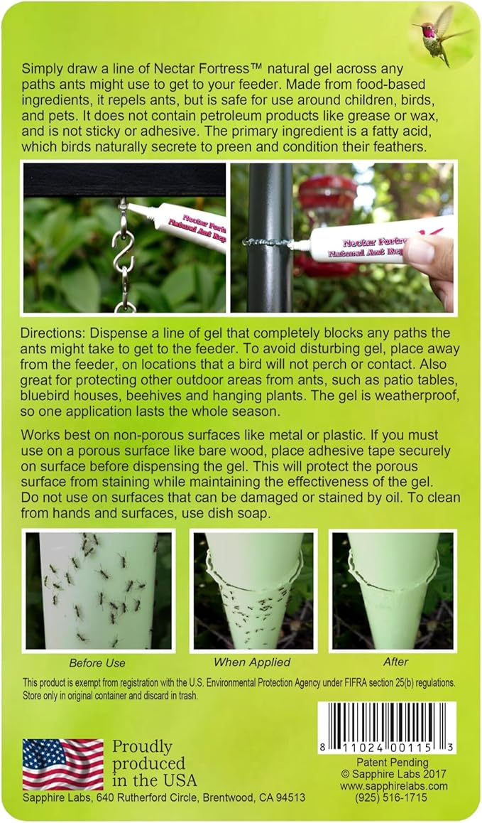 Sapphire Labs Nectar Fortress Natural Ant Repellent; Multi-Purpose Clear Gel Ant Guard for Hummingbird Feeders - Twin Pack