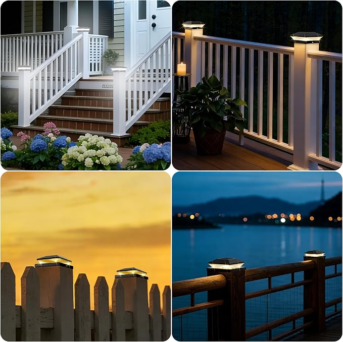 T-SUN Solar Post Cap Lights Outdoor 6 Pack, 2 Modes LED Fence Post Solar Lights Fit for 4x4 5x5 6x6 Vinyl/Wooden Posts, Waterproof Deck Post Lights Solar Powered for Garden Patio Gate Porch