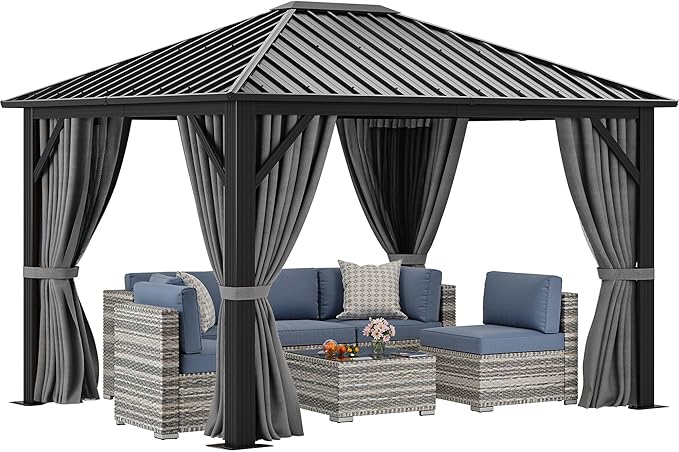 YITAHOME 10'X12' Single Hardtop Gazebo Metal Outdoor Patio Galvanized Iron Aluminum Column Garden Tent Curtains Netting for Backyards Decks Lawns,Gray