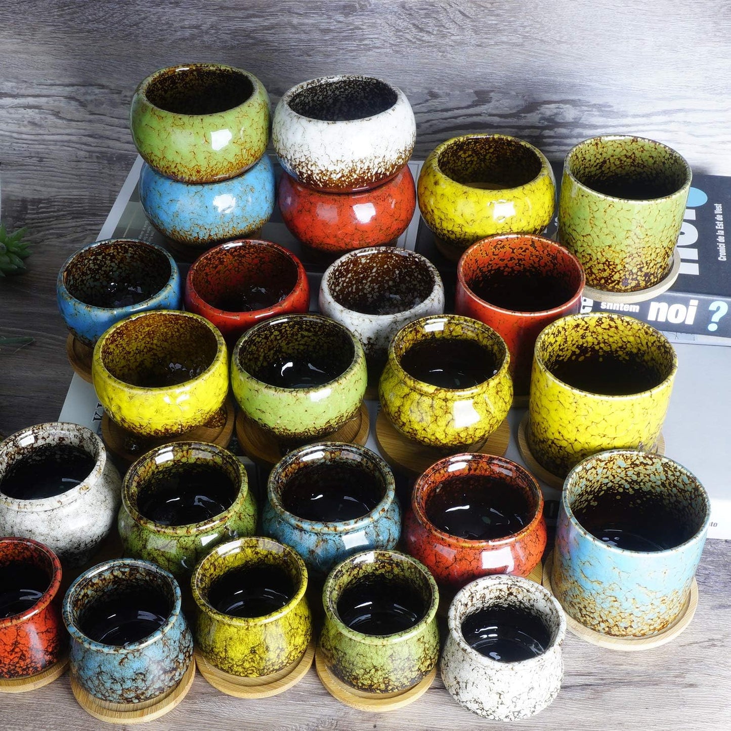 ARTKETTY Succulent Pots, 7.9" Rectangle Succulent Planters with Drainage Tray, Shallow Planters for Indoor Plants Ceramic Cactus Pots Bonsai Flower Plant Container for Home Windowsill Decor