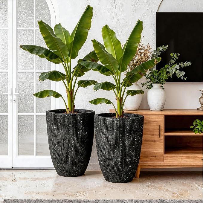 2 Pack 19" Tall Black Fluted Concrete-Look Resin Planters, Large Round UV-Resistant Flower Pots for Indoor Outdoor Plants, Decorative Ribbed Planters for Garden Patio Porch Home Office