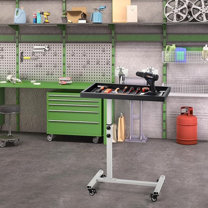 OLBRUS Adjustable Work Table with Wheels, Mechanic Rolling Tool Tray Table for Garage Repair Shops DIY, 220LBS Capacity Mobile Heavy Duty Steel Tool Cart (Gray)