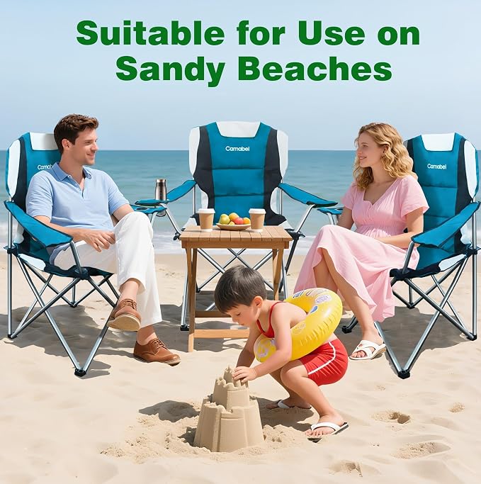 Camabel Folding Camping Chairs Oversized Heavy Duty Padded 400 LBS Beach Chair Portable Outdoor Lawn Chairs with Cup Holder Carry Bag for Sporting Hiking Picnics Fishing Deep Lake Blue