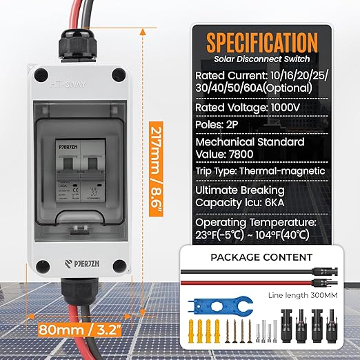 Solar Panel Disconnect Switch 1000V DC/AC 40A PV Disconnect Switch Outdoor Miniature Circuit Breaker IP65 More Space Quick Installation for Solar PV Array Homes Battery (1000V 40 Amp)