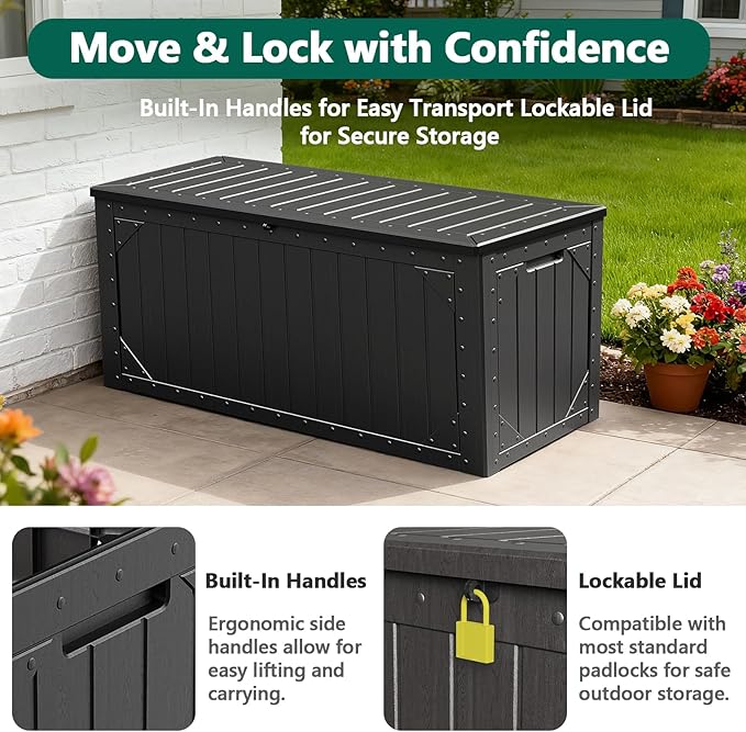 Outdoor Storage Box, 98 Gallon Deck Box, Outdoor Storage Bench, Waterproof Resin Storage Bench with Lockable Lid, Patio Furniture Cushions & Garden Tools Storage, UV Resistant (Black)