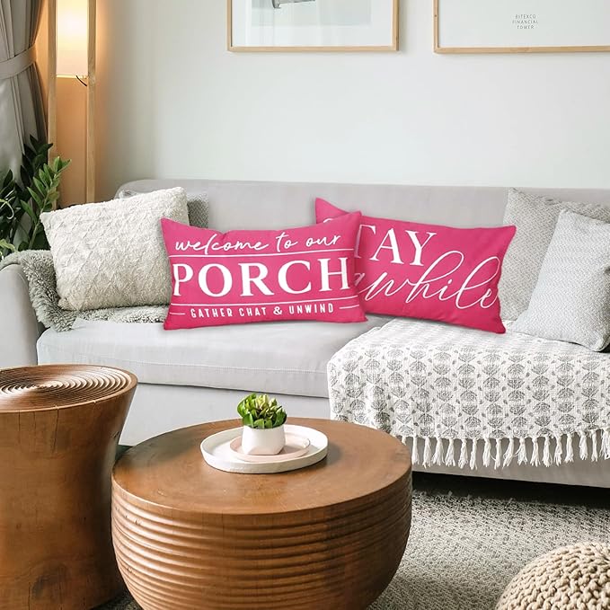 TAJWE Pink Outdoor Pillow Covers Waterproof 12x20 Set of 2 Decorative Welcome to Our Porch Stay Awhile Cushion Cases for Patio Furniture Sofa Couch Decor