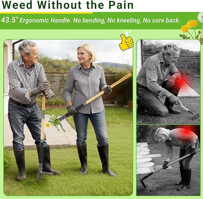 Weed Puller Tool, Heavy Duty Gardening Hand Tools with 4-Claw Steel Head & Dual-Eject Mechanism, 43.5" Bamboo Long Handle Stand Up Weeding Tool for Lawn Yard, Includes 16 Gallon Leaf Bag