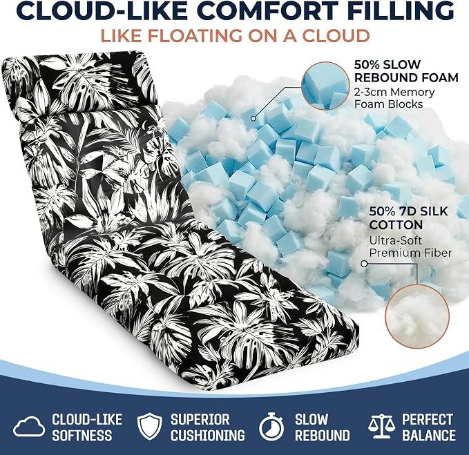 MAGIC ELEPHANT Chaise Lounge Cushion Outdoor, Memory Foam Patio Lounge Chair Cushion with Ties for Indoor Outdoor Furniture, Water-Repellent Replacement Long Chair Cushion (Black Monstera)