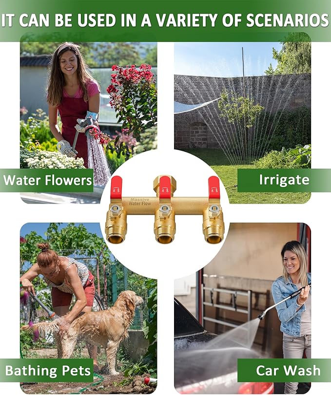 3 Way Hose Splitter, Heavy Duty Full Flow Garden Water Hose Bib Spigot Splitter, Brass Rust and Freeze Resistant Outdoor Faucet Splitter, T Adapter Connector with 3/4 - Inch GHT Thread (Red)