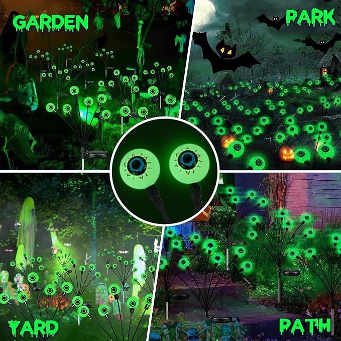 Solar Halloween Decorations Outdoor 2 Pack 12 LED Green Solar Eyeball Light | Newly 3-Tier Design, 2 Lighting Modes, Auto ON/OFF, IP65 Waterproof, Garden Lights for Walkway Yard Lawn Horror Party Decor