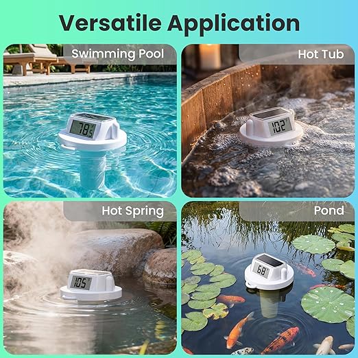Solar Pool Thermometer Floating, Digital Swimming Pool Thermometer, IPX8 Waterproof with Double Sided Display for Pond, Hot Tub, Aquarium (White)