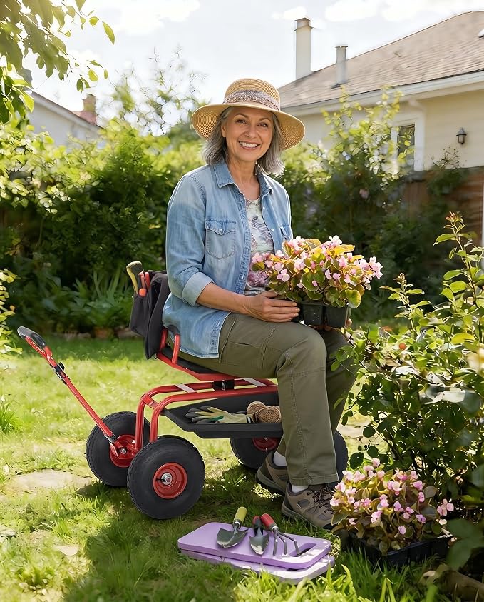 Rolling Garden Work Seat with Wheels, 360° Swivel Seat Gardening Cart with Extendable Steering Handle, Tool Tray and Storage Basket, 300 lbs Capacity, Gardening Stools for Patio, Yard, and Outdoors