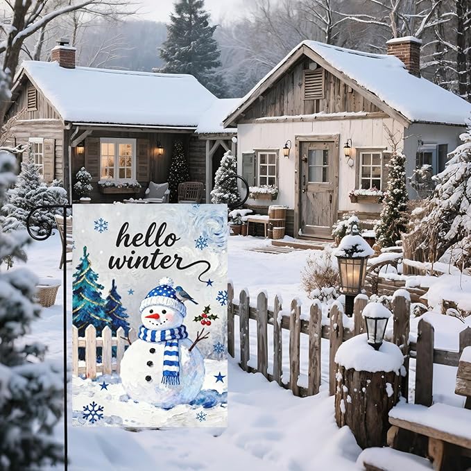 Hello Winter Snowman Garden Flag 12x18 Inch Snowflake Tree January Decorative Yard Flags for Outside Double Sided Christmas Holiday Seasonal Outdoor Home Farmhouse Decoration Porch New Year Decor