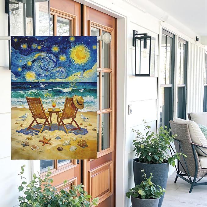 Beach Garden Flag Spring Summer Coastal House Flags Van Gogh Inspired Starry Night Style Ocean Seaside Chairs Yard Banner for Outside Lawn Patio Porch Seasonal Home Double Sided 28 x 40 Inch