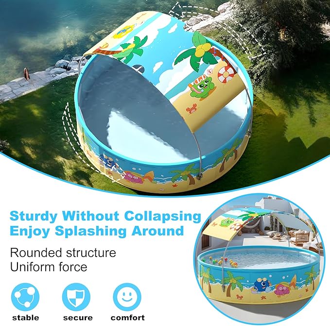 Foldable Swimming Pool with Canopy for Kids 78.7"x17.7" Hard Plastic Portable Dog Pool Anti-Slip Collapsible Pets Bathtub Kiddie Pool Indoor Outdoor Backyard (JellieMons 79'')