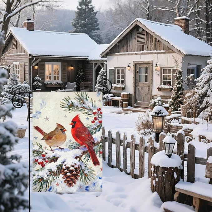 Winter Cardinal Garden Flag 12x18 Inch Pinecone Twigs Holly Berry Christmas Holiday Decorative Yard Flags for Outside Double Sided Seasonal Outdoor Home Farmhouse Decoration Porch January Decor