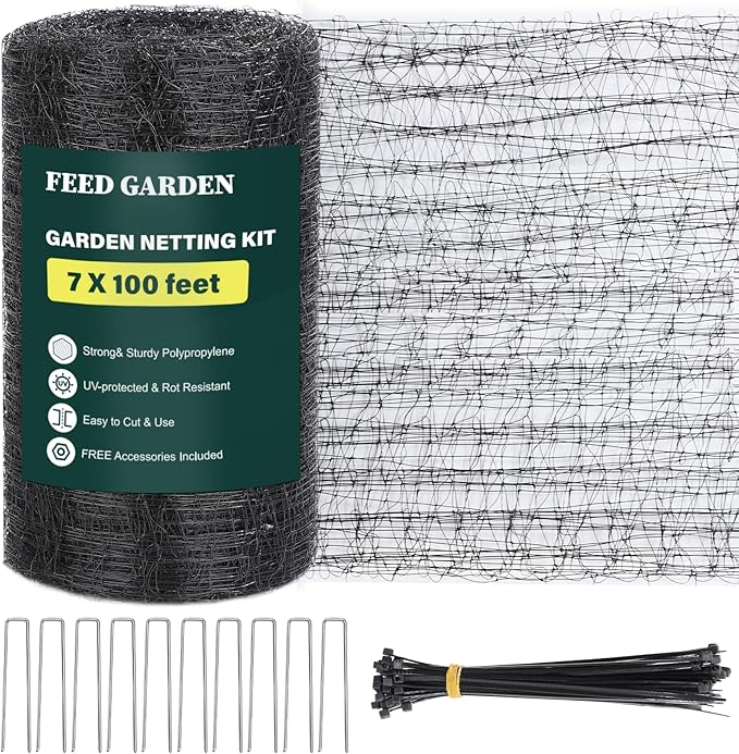 FEED GARDEN Heavy Duty Deer Netting - 7x100ft UV-Protected Garden Fence with 3/4" Fine Mesh - Includes 10 Stakes & 50 Zip Ties for Easy Installation