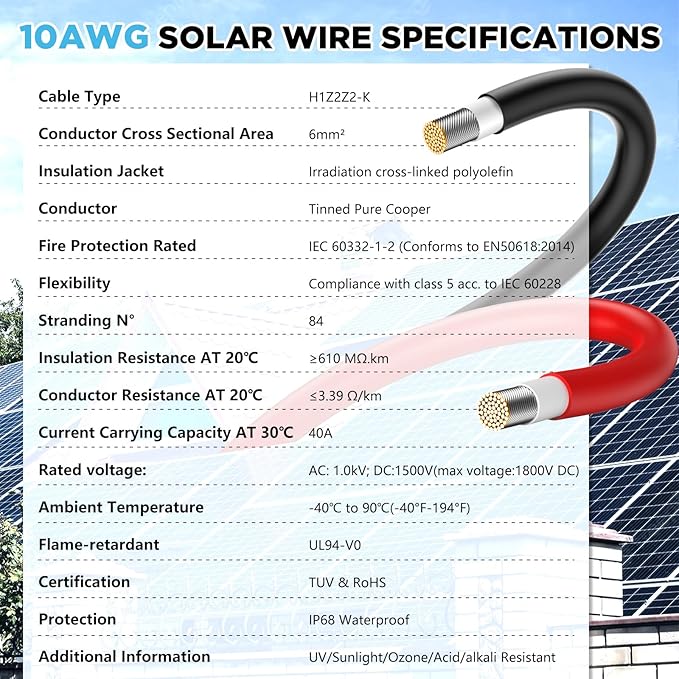Solar Panel Wire 165Ft, Solar Wire 10AWG, Solar Cables, Solar Extension Cable, 10 Gauge Tinned Copper PV Wire for Home Roofs RV Boat Marine Automotive Camping Solar Panels