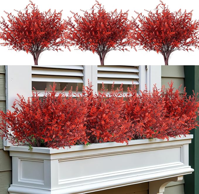 RECUTMS Fake Fall Plastic Flowers Artificial Lavender Plant UV Resistant Flowers Fake Autumn Plant Faux Outdoor Plants Faux Greenery for Party Yard Balcony Thanksgiving Decorations (Wine Red)