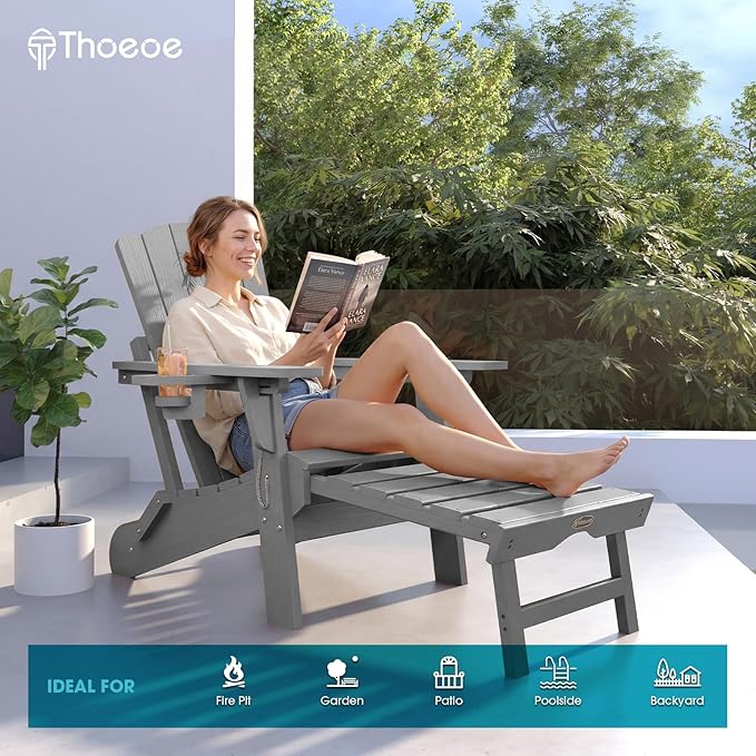 THOEOE Folding Adjustable Adirondack Chairs with Ottoman & 1 Cup Holders Set of 2, HDEP Multifunctional Adirondack Chair with Footrest,Grey