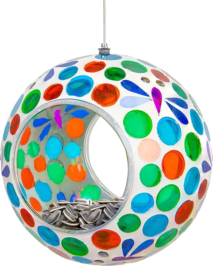 Sunnydaze 6-Inch Glass Mosaic Hanging Bird Feeder for Outdoors - Fly-Through Glass Bird Feeder for Cardinals, Jays, Finches and More - Dragonfly Dreams