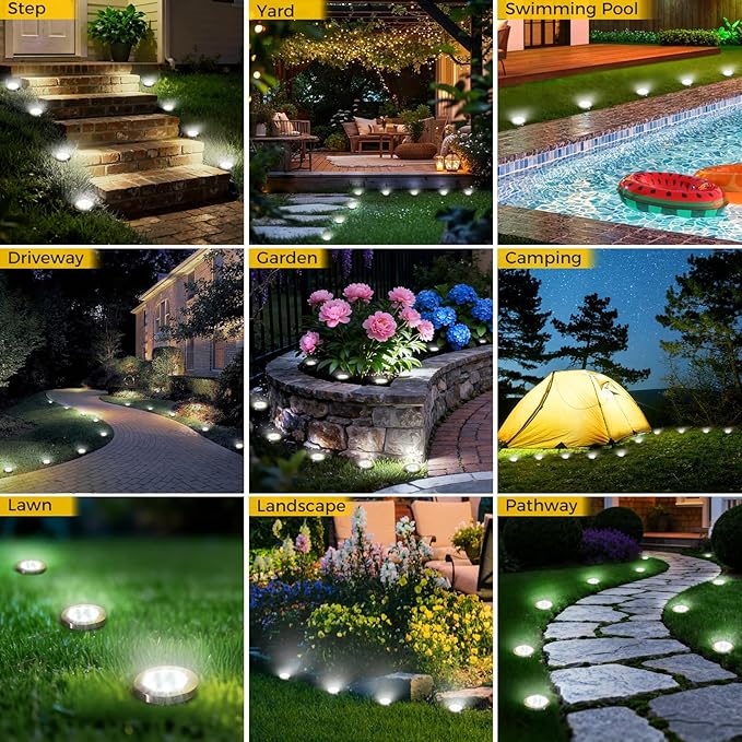 24 Pack Solar Ground Lights Outdoor, 8 LED Mini Flat Solar Disk Lights, IP65 Waterproof Anti-Rust Disc Light, Landscape Lighting for Garden Pathway Yard Walkway Driveway Lawn,Cool White