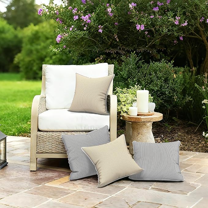 LVTXIII Set of 2 Patio Throw Pillows Waterproof 18"x18" Fade Resistant Outdoor Throw Pillows with Inserts, Fluffy Decorative Garden Toss Pillow Cushions for Home Patio Coach Sofa Use, Strip Beige