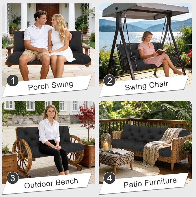 Porch Swing Cushions 60 inch Waterproof & Fade Resistant Thicken 5" Outdoor Swing Cushions 3 Seater Replacement with Backrest & Ties Patio Swing Cushions for Outdoor Furniture (Black)