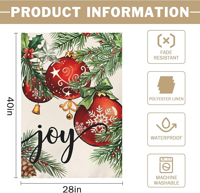 Christmas House Flag 28x40 Inch Green Leaves Red Xmas Ball Joy Holiday Winter Decorative Garden Flags for Outside Double Sided Seasonal Outdoor Home Farmhouse Decoration Porch Yard New Year Decor