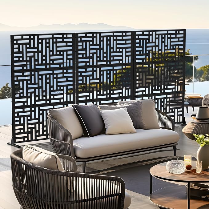 Casaphoria 72" H x 47" W Metal Outdoor Privacy Screen, Freestanding Decorative Divider for Patio, Deck, Balcony, and Garden with Stable Base, Black Helen