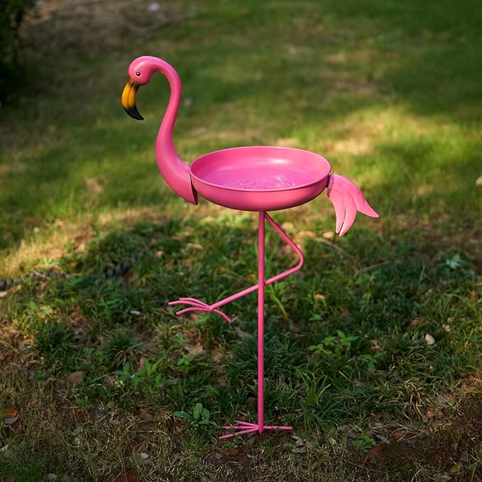 41 in Tall Flamingo Outdoor Bird Bath, Metal Bird Bath Bowl, Bird Feeder or Drinker Plate with Metal Stake, Home Garden Lawn Yard Decorations (Pink)
