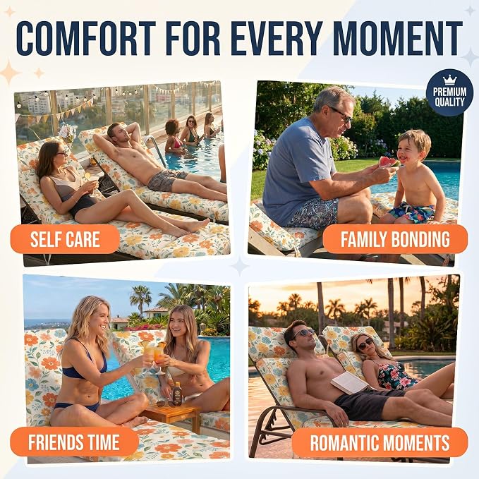 MAGIC ELEPHANT Chaise Lounge Cushion Outdoor, Memory Foam Patio Lounge Chair Cushion with Ties for Outdoor Furniture, 74 x 22 x 4 Inch (Multicolor Floral)