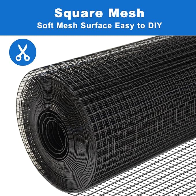 Black Hardware Cloth 1/2 inch 48" x 100' 19 Gauge - Sturdy Vinyl Coated Welded Wire Mesh Roll for Reliable Garden Protection and Chicken Coop Solutions, Built to Last