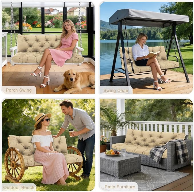 Porch Swing Cushions Outdoor 48 inch x 40 Waterproof Swing Cushions 3 Seater Replacement with Backrest & 8 Ties 5" Thick Bench Swing Cushions for Outdoor Furniture Patio(Khaki)