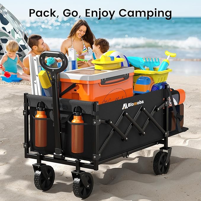 Blomoba 220LBS Foldable Wagon with All-Terrain Wheels, Portable Wagon Cart with Extended Tailgate, Adjustable Handle, Utility Cart for Camping, Shopping, Garden, Sports, Grocery, Black