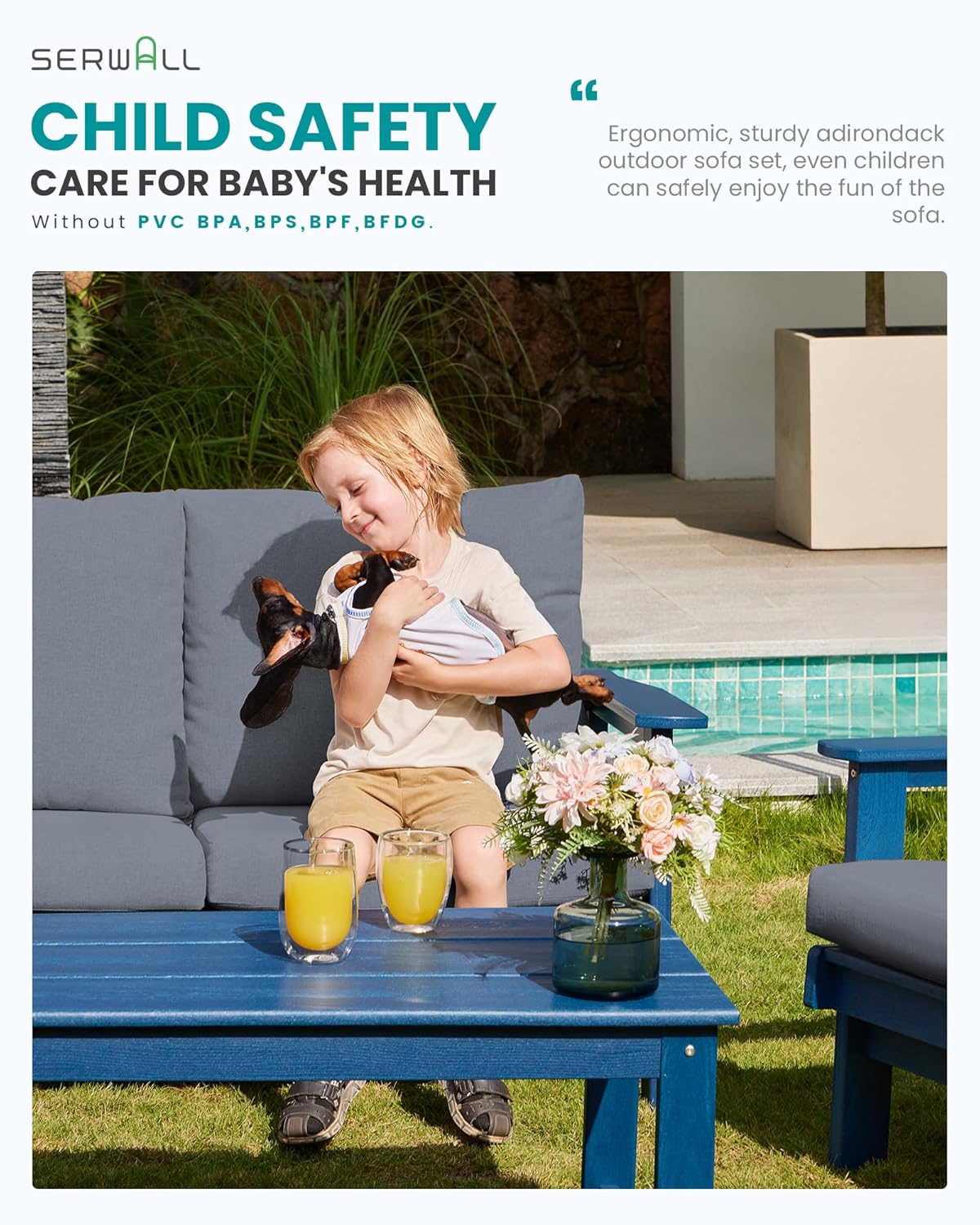 SERWALL Outdoor Loveseat, Blue Frame and Grey Cushion