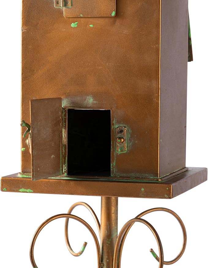 Glitzhome Birdhouses for Outdoors, Decorative Bird Houses for Outside, 53" H Farmhouse Faux Copper 2-Tiered Distressed Metal Bird House Garden Birdhouse with Stake for Outdoor Patio