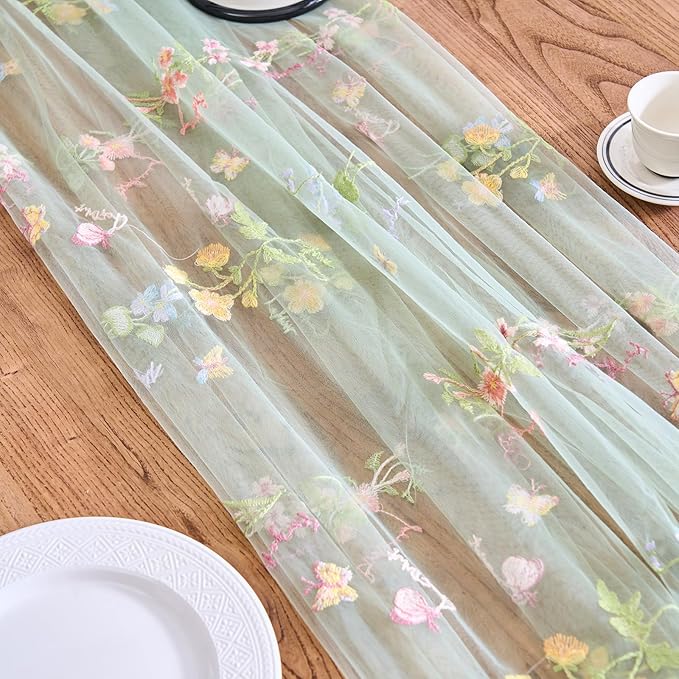 vctops 2 Packs Embroidery Lace Spring Table Runner 10ft Floral Garden Seasonal Tulle Table Runner Holiday Kitchen Dining Table Decoration for Wedding Party Baby Shower Birthday (Sage Green,30"x120")