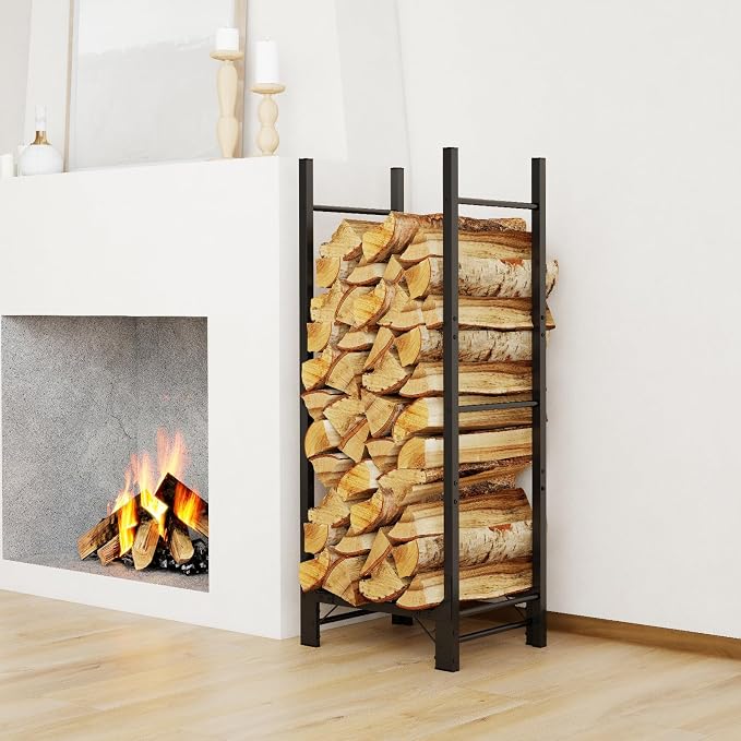C-Hopetree 4Ft Outdoor Indoor Firewood Rack, Adjustable Metal Log Holder for Fireplace, Heavy Duty Wood Pile Storage Organizer Stacker Stand, Black
