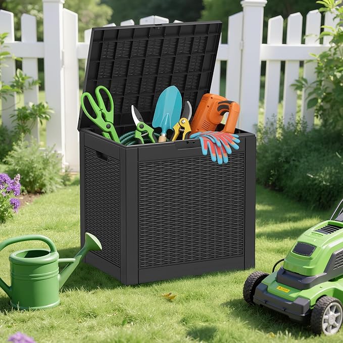 Outdoor Storage Box, 31 Gallon Deck Box with Lockable Lid, Waterproof Resin Storage Bin for Patio Furniture, Garden Tools, Cushions, Black