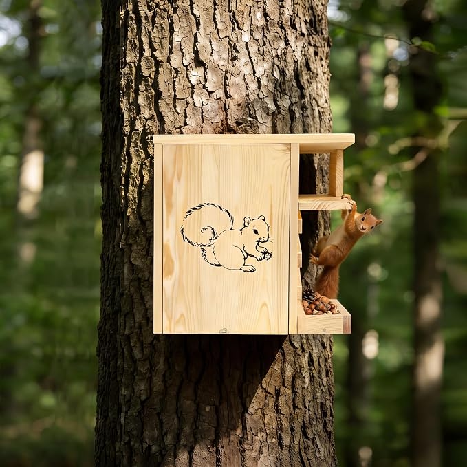 Extra Large Wooden Squirrel House Feeder Outdoor Heavy Duty Nesting Box | Solid pine 16lbs wildlife shelter with internal feeding platform. Flips open; features a predator guard & ladders.