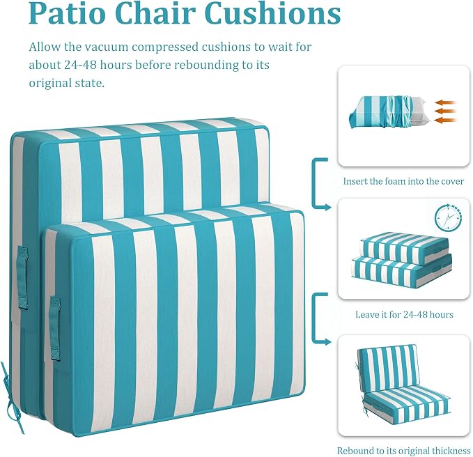 5" Thicker Outdoor Chair Cushions 2 Sets 24" *24" Waterproof Patio Chair Cushions for Outdoor Furniture w/Removable Cover 30D High Density Sponge Filling Thicken Patio Furniture Cushion w/Handle &Ties
