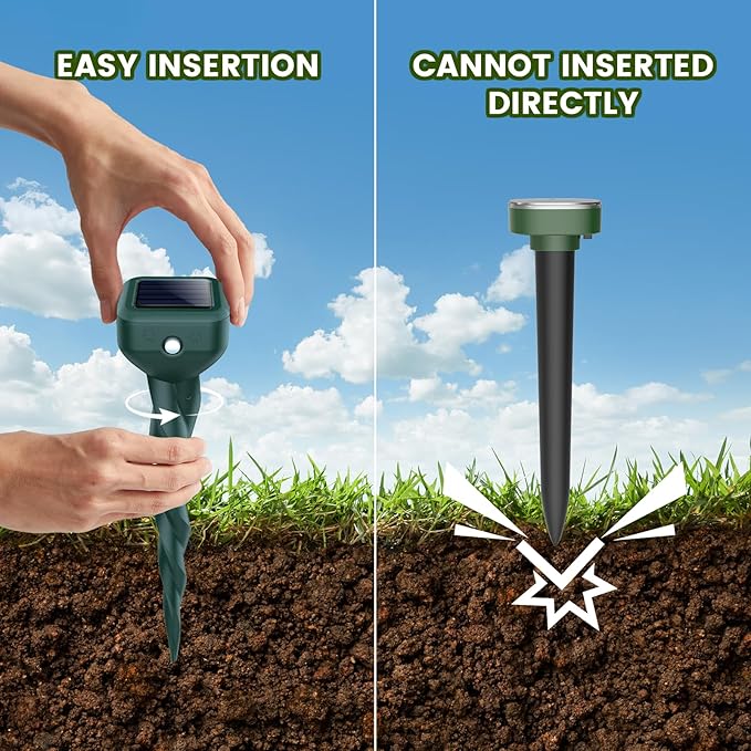 Mole Repellent Solar Powered, 4 Pack Snake & Skunk Repellent for Yard, IP 65 Waterproof Ultrasonic Deterrent Stakes, Get Rid for Rabbit, Gopher, Vole, Chipmunk, Deer, Groundhog for Lawns Garden