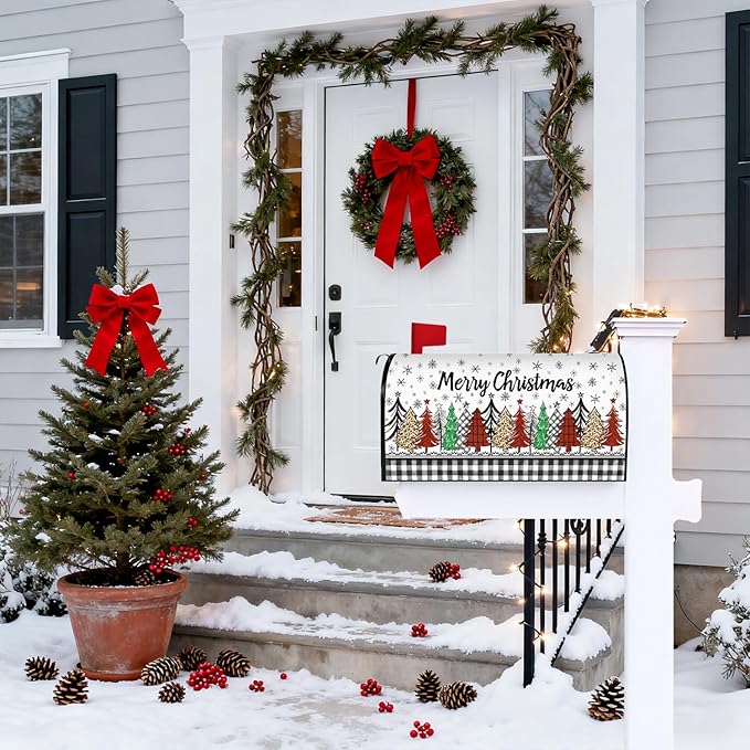 Merry Christmas Mailbox Cover Magnetic Christmas Tree Mailbox Covers Winter Xmas Holiday Post Letter Box Cover for Garden Yard Decor 21x18 Inch