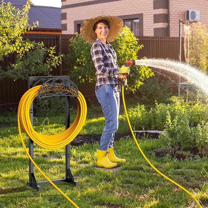 Pattiumo Garden Hose Holder Stand, Heavy Duty Freestanding Metal Hose Holder with 4 Spikes, Hose Reel Alternative Holds up to 150 ft for Yard Lawn Garden Patio
