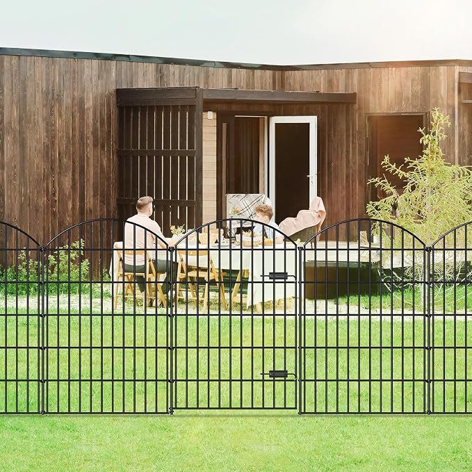 FOREHOGAR Metal Garden Fence with Gate 42in (H) x 23.3ft (L), 1 Gate+ 9 Panels Dog Fence Border Fence Animal Barrier, No Dig Garden Fencing for Yard Flower Bed Lawn Patio Outdoor, ECG4210, Black