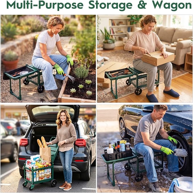Rolling Garden Cart with Seat, Metal Garden Work Seat with 360° Swivel Wheels, Storage Basket, Workbench, and Tool Bag, Upgraded Heavy Duty Gardening Wagon and Stool for Seniors